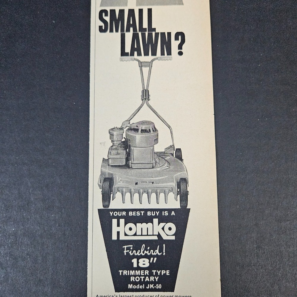 1957 Homko Firebird Trimmer Rotary Model JK-50 Mower Vintage Print Ad Des Moines